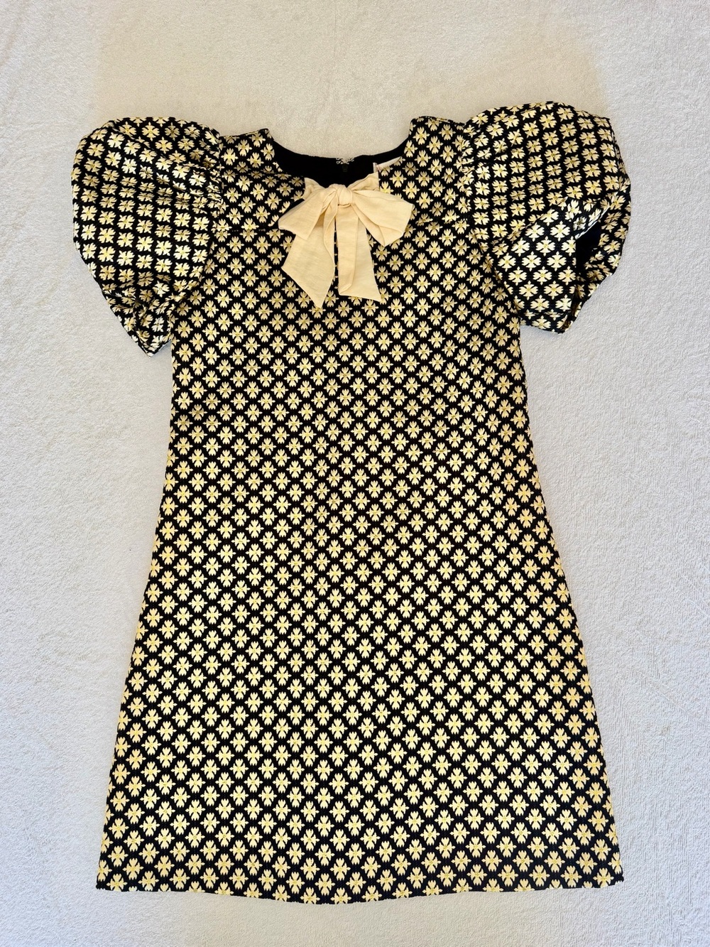 GB girls Black/Gold Dress with Cream Bow and Floral Motif